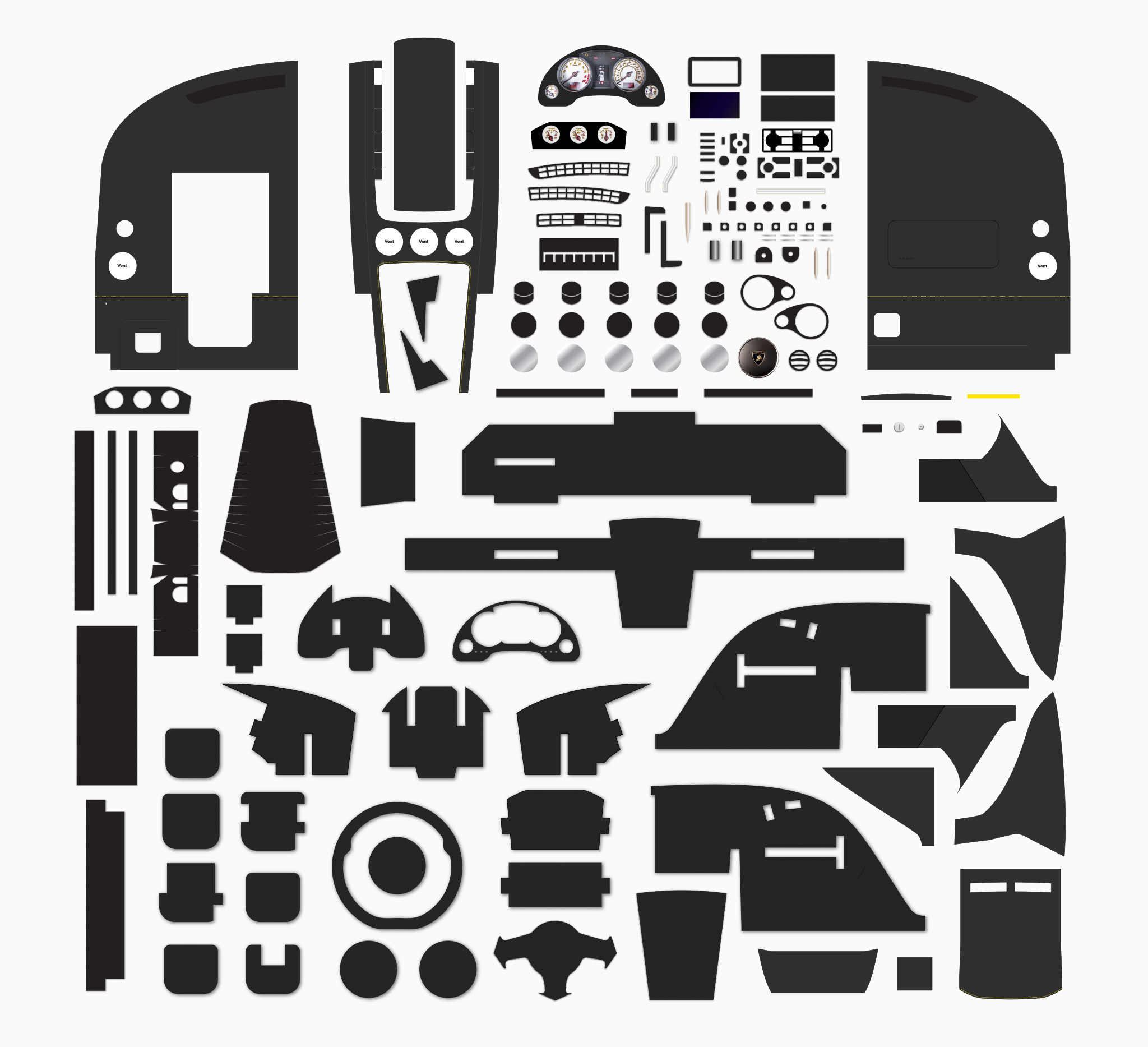 Complete-set of parts for the dashboard; instrument cluster; infotainment; and steering column assembly. 98 separate bits all up. It took me a couple of months to design and build all the parts.