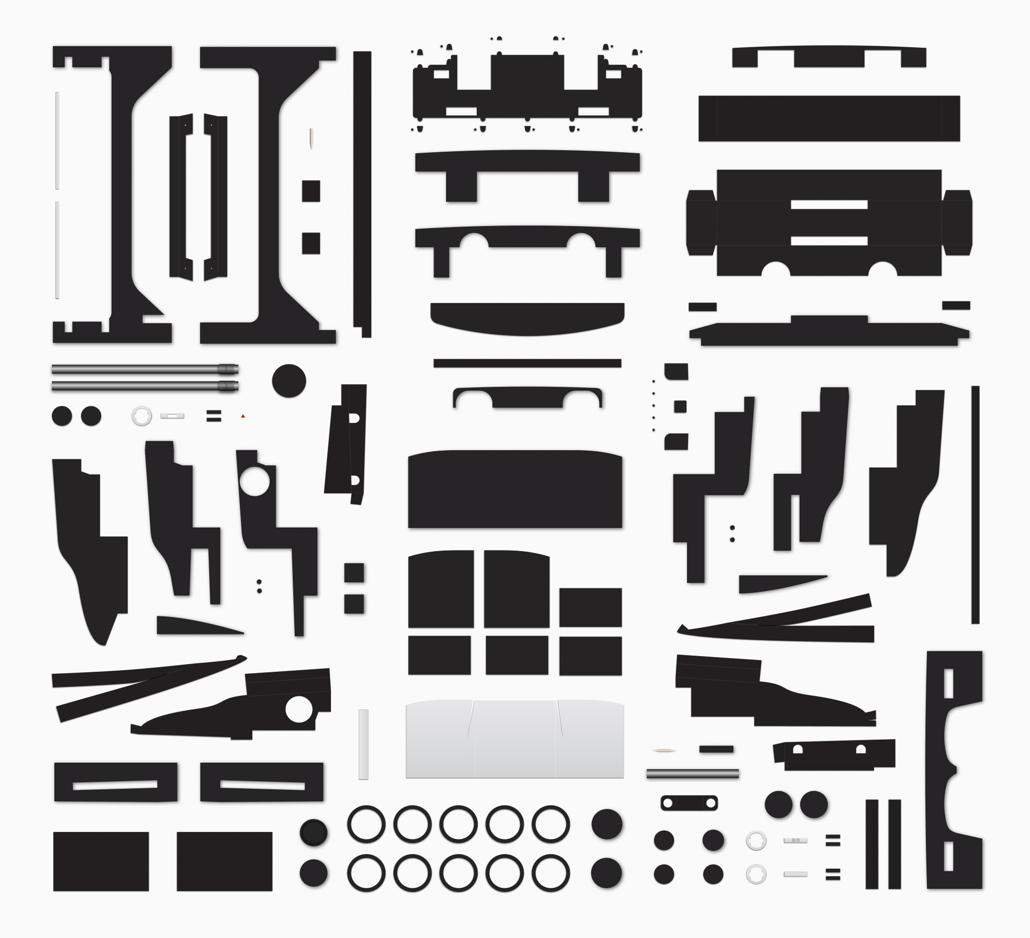 Parts for finishing off various engine bay components, such as the air box; intake pipes; and heat shielding; and aesthetic covers. All designed from scratch and cut by hand.