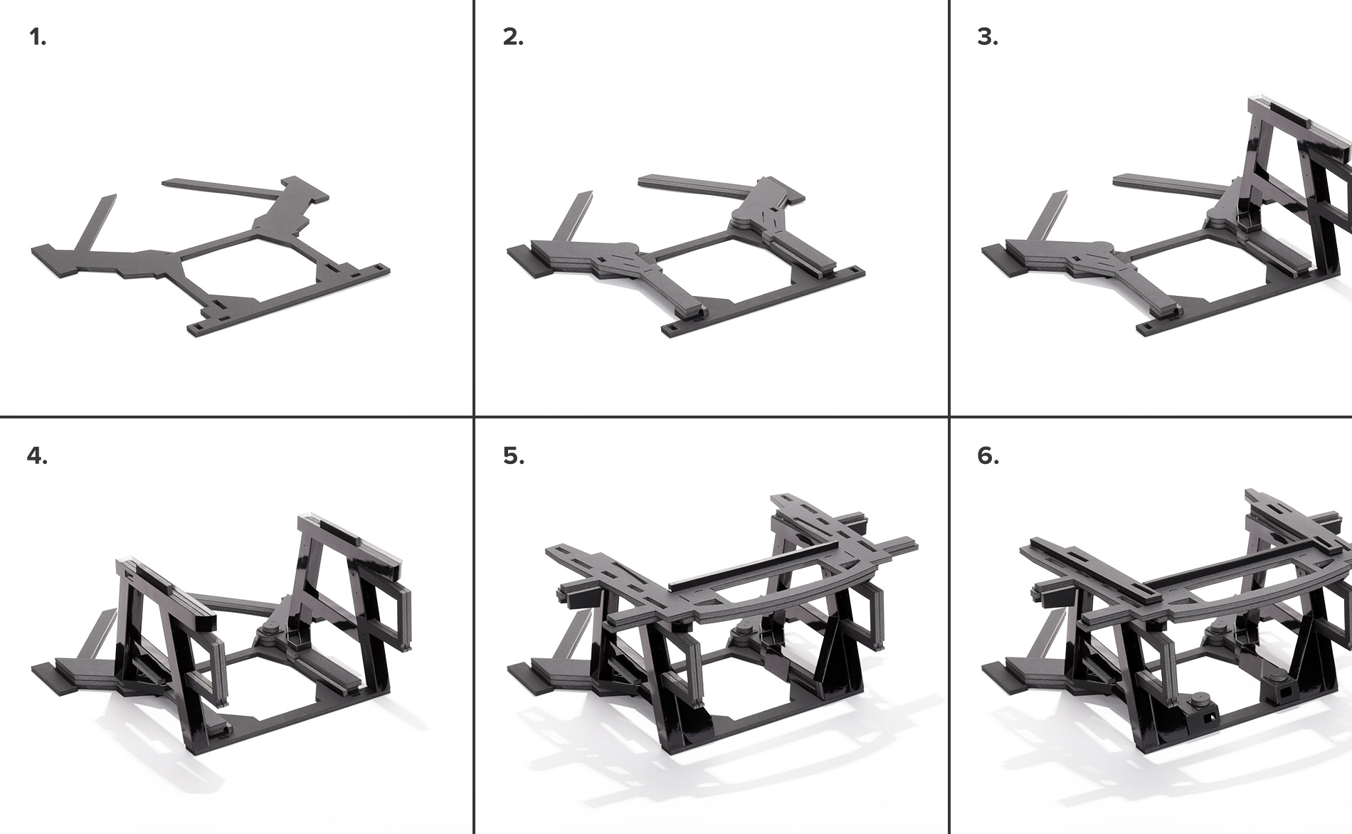 Main stages of assembling the Gallardo's rear frame. Lots and lots of parts, all designed from scratch, and cut from sheets of board by hand.