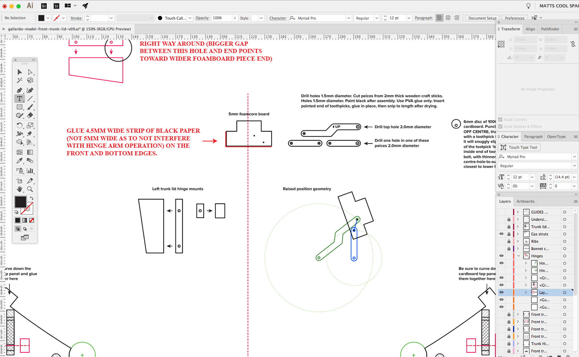 Working out part shapes, as well as hinge operation geometry, for the front trunk lid hinges.