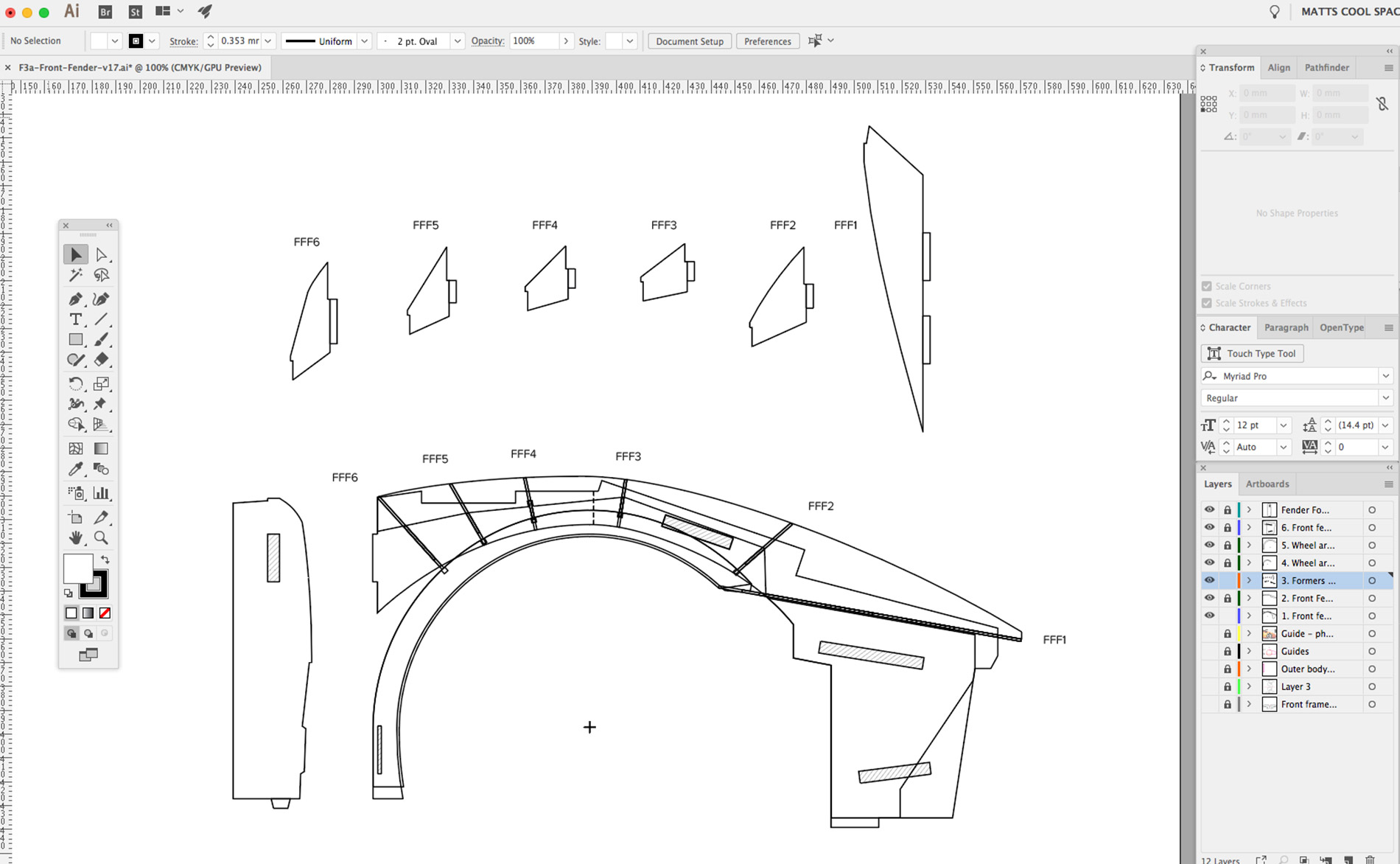 Plans for each fender part created in Adobe Illustrator.